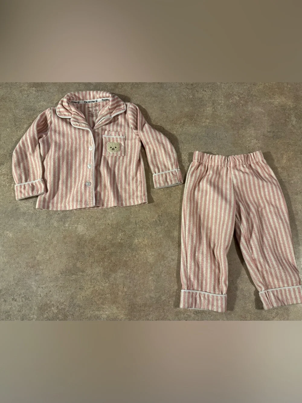 BearPaw Pink and White Striped Kids Pajama Set with Bear Pocket Girls 18M